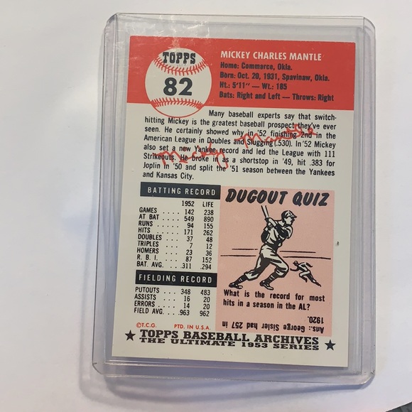 1991 Topps Archives Mickey Mantle Baseball Card - Picture 2 of 2